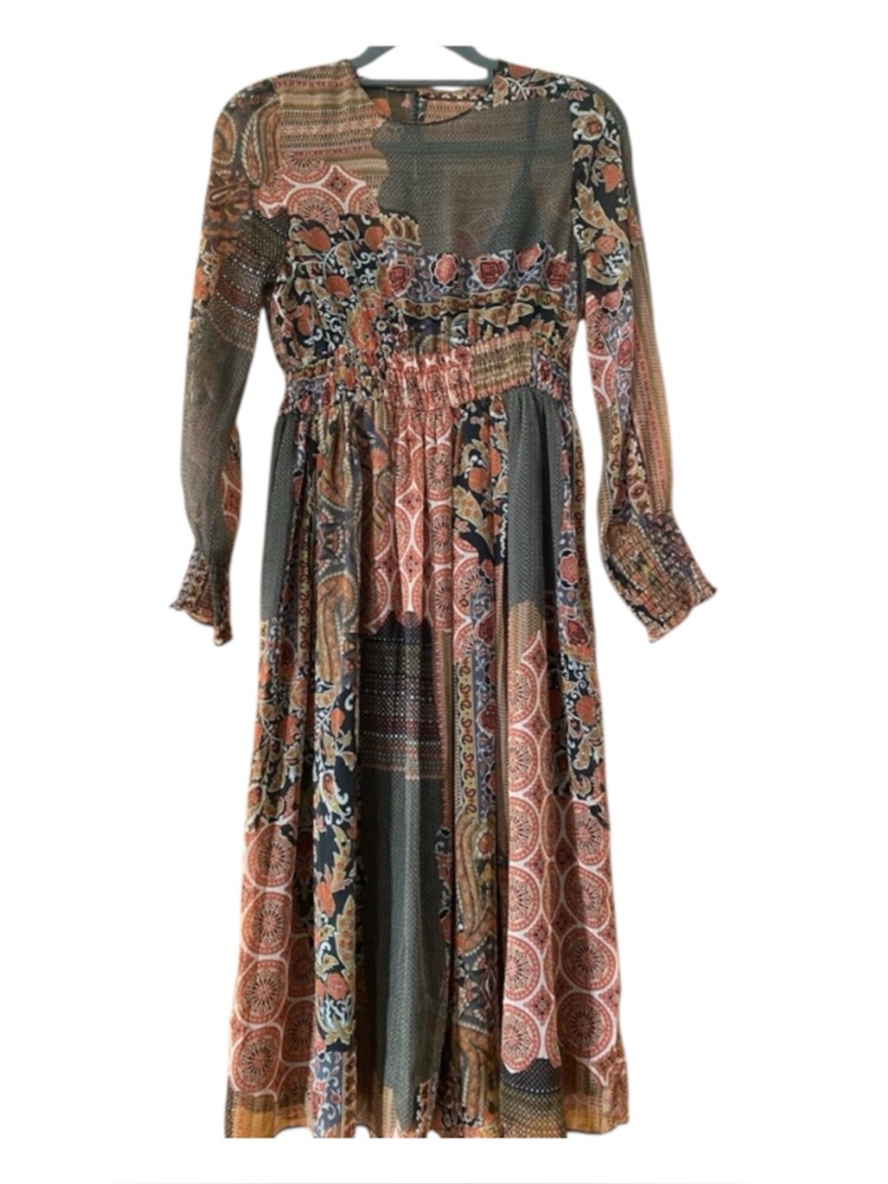 Zara Boho Patchwork Midi Dress Sheer Long Sleeve Smocked Waist Paisley M - Picture 2 of 11